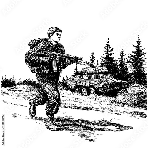 Soldier on patrol through a dense forest with military vehicle in the background during a tense operation