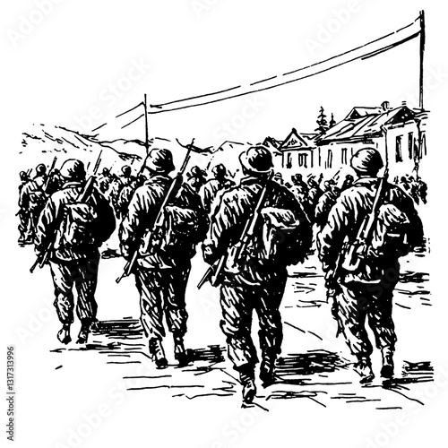 Soldiers march along a dusty path towards a distant village during a historical military campaign