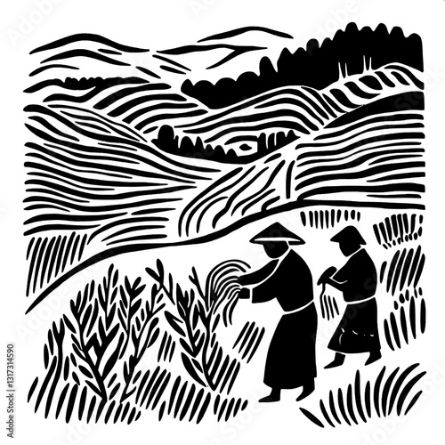 Farmers tending to rice fields under the mountainous landscape in a serene agricultural setting