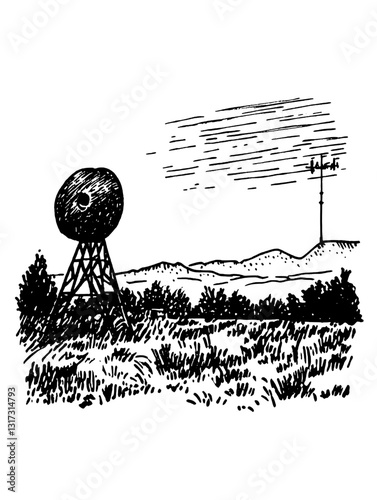 Exploring the vast landscape with a distant water tower and communication pole under a dynamic sky