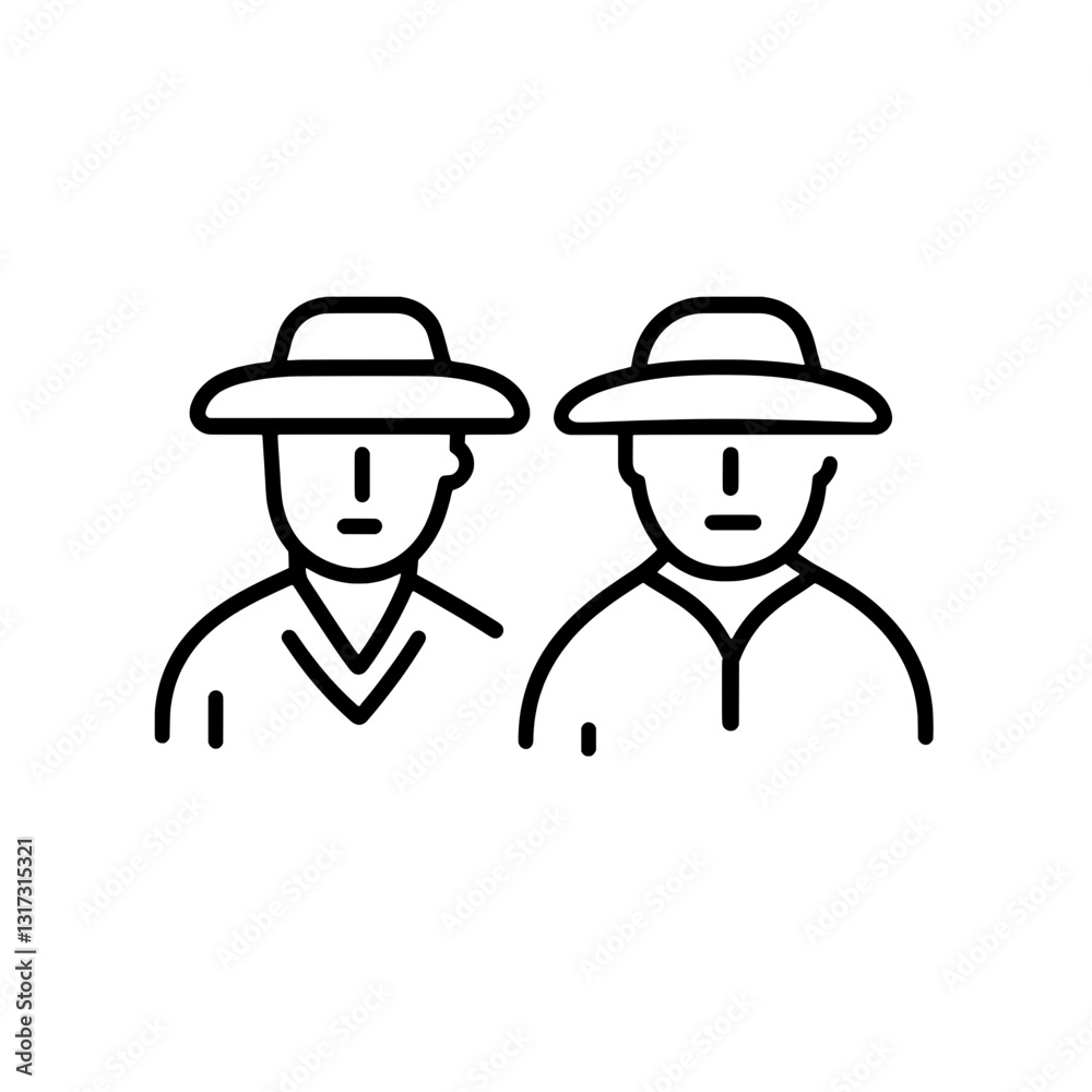 Two individuals in hats displaying traditional attire for cultural celebration amidst rural landscape Two individuals in hats displaying traditional attire for cultural celebration amidst rural landscape