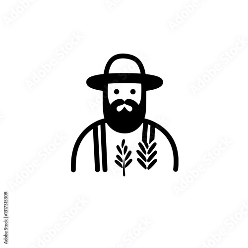 Vector illustration of a farmer holding wheat sheaves with a wide-brimmed hat and a beard in a minimalist style