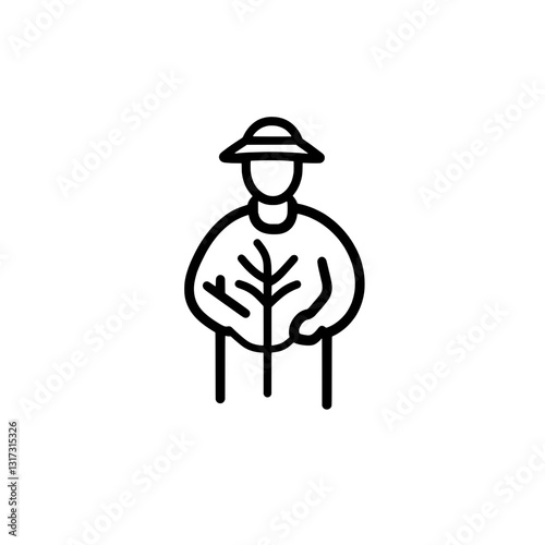 Gardener tending to a young plant in a minimalistic vector design showcasing a connection to nature and growth