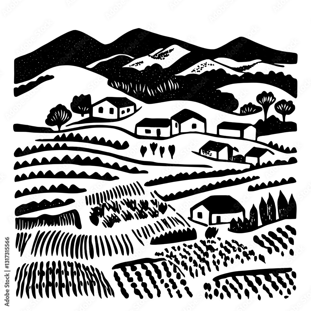 Fototapeta premium Serene countryside landscape with rolling hills, quaint houses, and cultivated fields under a clear sky