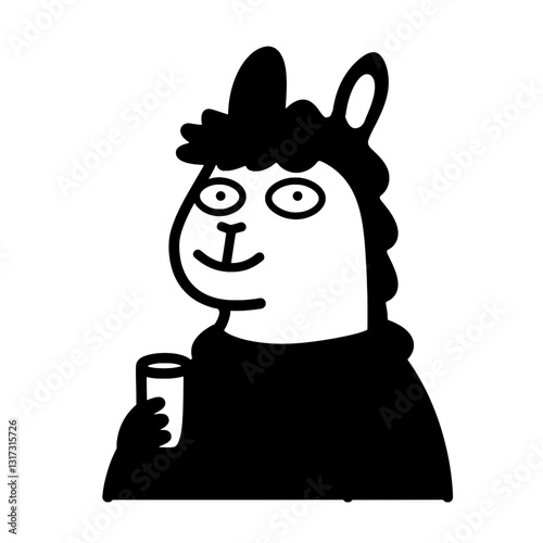 Playful llama character holding a drink in a whimsical black and white vector illustration with a unique design style