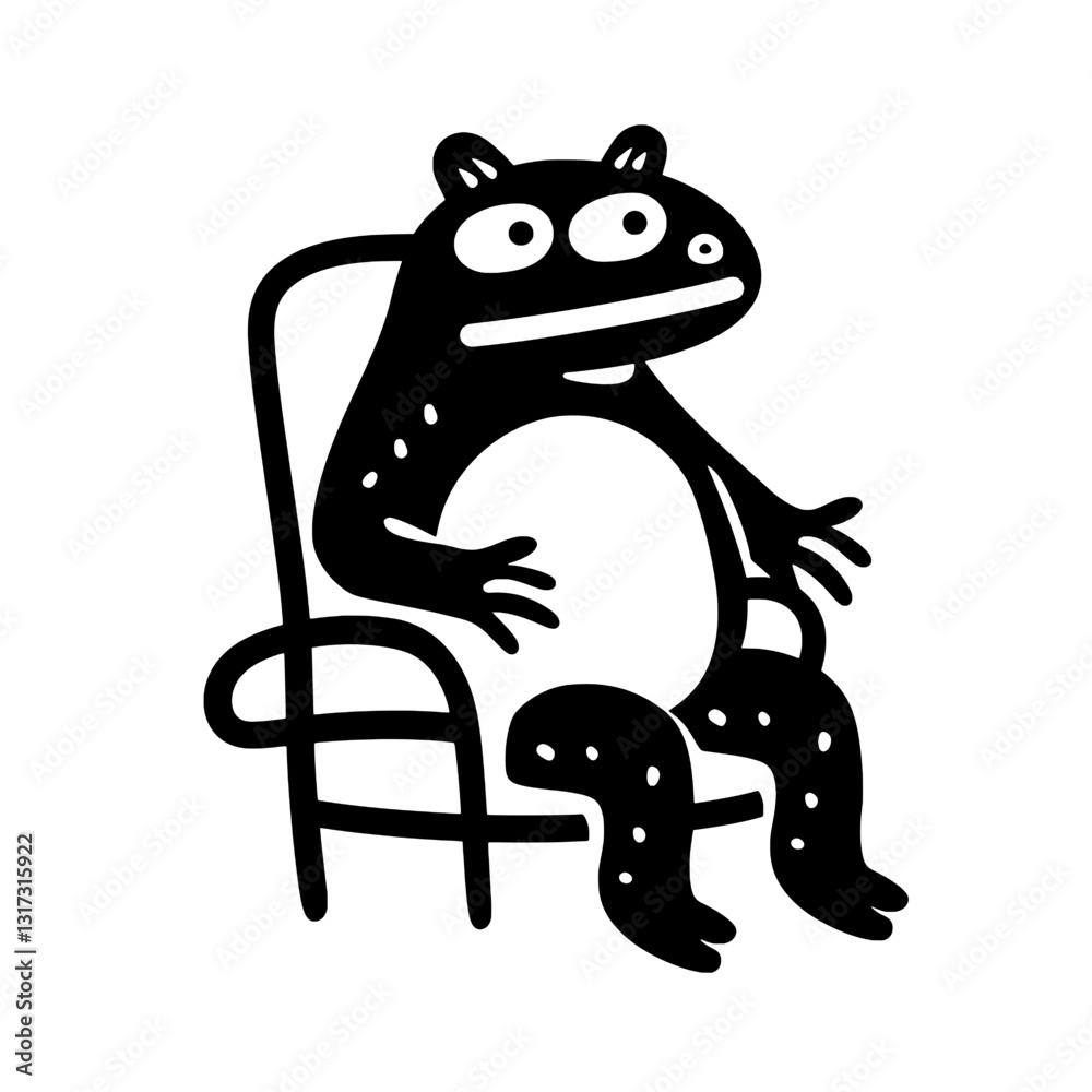 Frog character sitting comfortably in a chair with a quirky expression and unique design, perfect for playful illustrations Frog character sitting comfortably in a chair with a quirky expression and unique design, perfect for playful illustrations