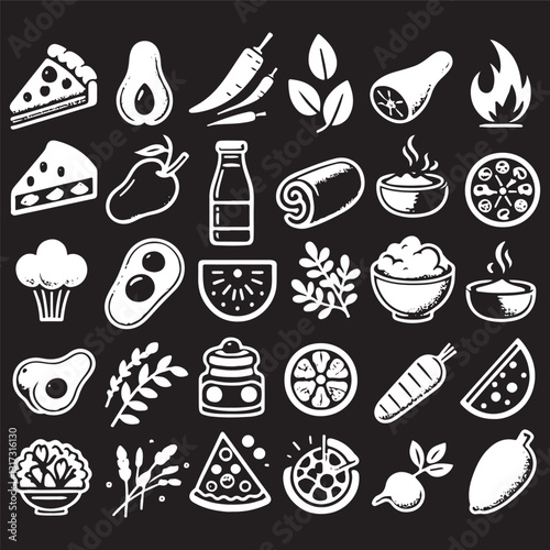 chalk food icon vector illustrations. wedding dinner icons, wine or champagne glass, cheese, and charcuterie drawings for wedding invitations, cafe menus, and parties
