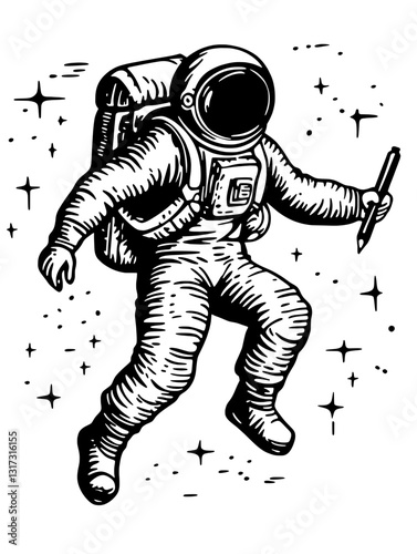 Creative astronaut sketch exploring cosmic wonders while taking notes in the vastness of space