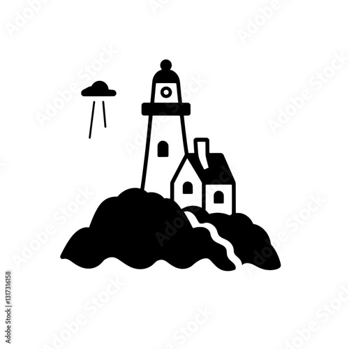 Lighthouse stands tall amidst clouds, a mysterious UFO hovering above during a surreal twilight moment