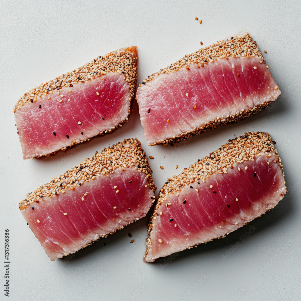 Perfectly seared tuna steak slices on a white surface captured in a top-down view to showcase culinary elegance Perfectly seared tuna steak slices on a white surface captured in a top-down view to showcase culinary elegance