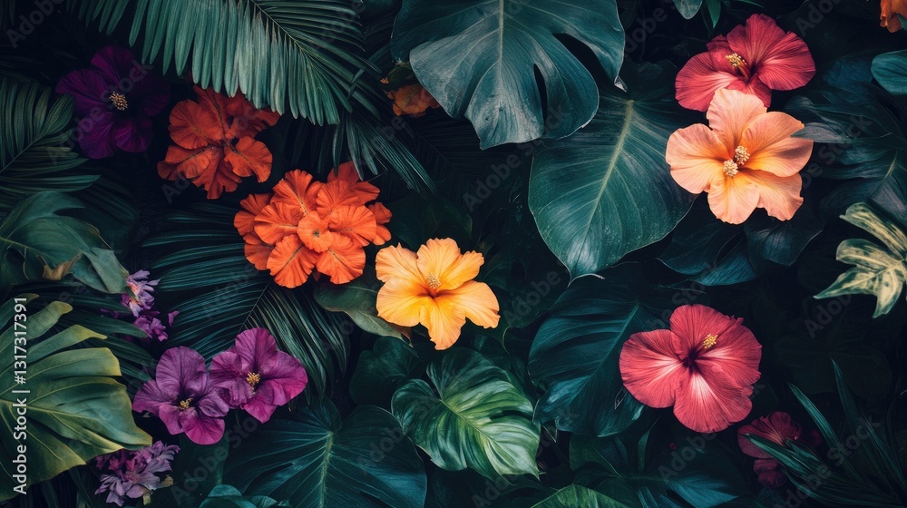 Lush botanical background featuring vibrant flowers in a tropical jungle aesthetic. Lush botanical background featuring vibrant flowers in a tropical jungle aesthetic.