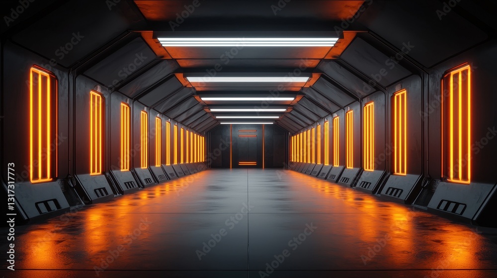 Fototapeta premium Futuristic Sci-Fi Corridor with Neon Lights and Metallic Walls