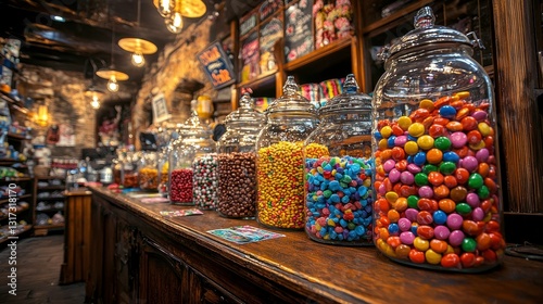 Rows of glass jars filled with colorful candies sit on a dark wooden counter in an old fashioned candy shop. Warm lighting illuminates the sweets.