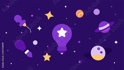 Purple and Creativity A mystical purple night sky filled with stars and creative symbols like light bulbs and paintbrushes conveying inspiration and imagination.