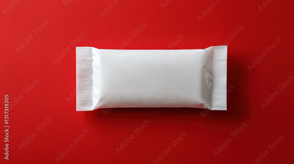 White rectangular wrapped object lies flat on a bold red background. Clean and simple White rectangular wrapped object lies flat on a bold red background. Clean and simple