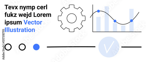 Bar chart with line graph and gear icon on white backdrop. Three circles with check mark, text block in black and blue. Ideal for data visualization, analytics, technology, progress, statistics