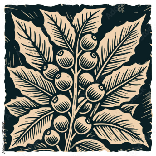 Vintage Woodblock Print Coffee Leaves – Retro Botanical Hand-Drawn Coffee Plant Illustration