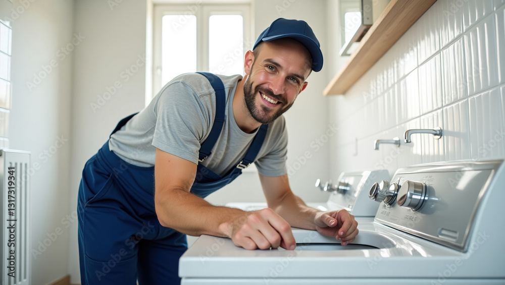 male plumber in overalls repairs a washing machine in the bathroom, repair of household appliances male plumber in overalls repairs a washing machine in the bathroom, repair of household appliances
