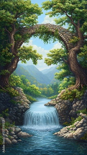 Lush Green Forest Waterfall with Stone Arch Bridge