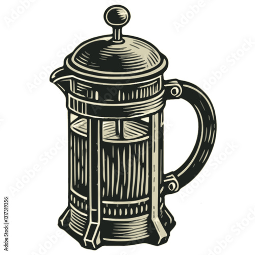 Vintage Woodblock Print French Press – Retro Hand-Drawn Coffee Maker Illustration