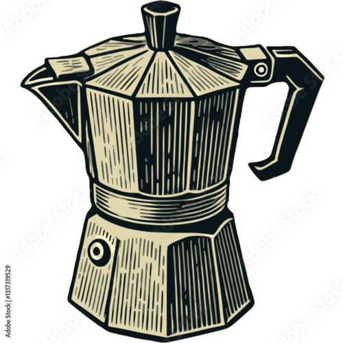 Vintage Woodblock Print Moka Pot – Retro Hand-Drawn Stovetop Espresso Maker Illustration