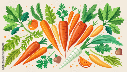Flat lay composition with ripe fresh carrots on white background
