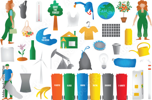 Ecology collection with different vector illustrations Recycling, trash bins, people picking up trash, farming, plastic bags, solar panel, petrol, energy, windmill, global warming, save the planet