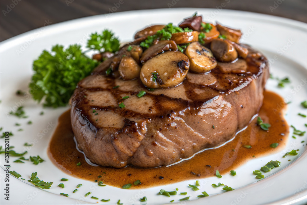 Gourmet Grilled Steak With Mushroom Sauce and Fresh Garnishments on a Plate Gourmet Grilled Steak With Mushroom Sauce and Fresh Garnishments on a Plate