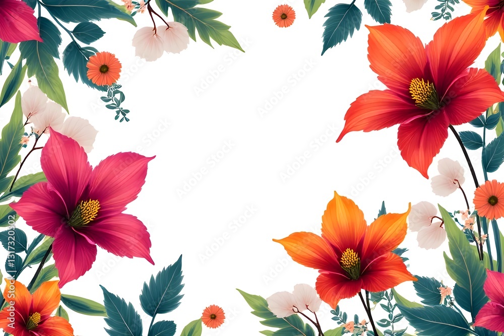 Fototapeta premium Vibrant Floral Border Design with Colorful Flowers and Lush Leaves