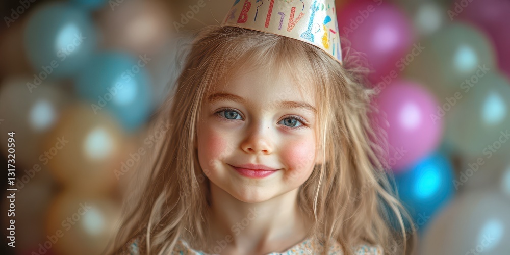 Smiling child wearing festive hat at a birthday celebration surrounded by colorful balloons Smiling child wearing festive hat at a birthday celebration surrounded by colorful balloons