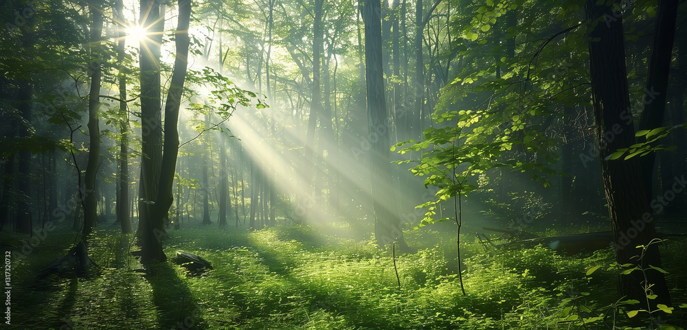 Fototapeta premium A tranquil forest landscape bathed in sunlight, where rays filter through the leafy green canopy, creating a serene and calming atmosphere.