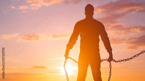 Silhouetted figure holding rope, strong male standing against vibrant sunset, embodying resilience and determination, copy-space available.