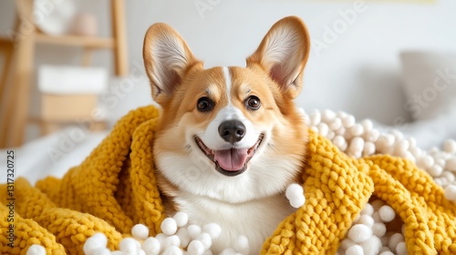 Happy Corgi Wrapped in Cozy Blanket with Cheerful Expression