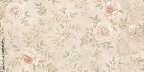 Wallpaper Mural Delicate blush pink roses and green foliage intertwine on a soft beige background, creating a timeless floral pattern. Torontodigital.ca