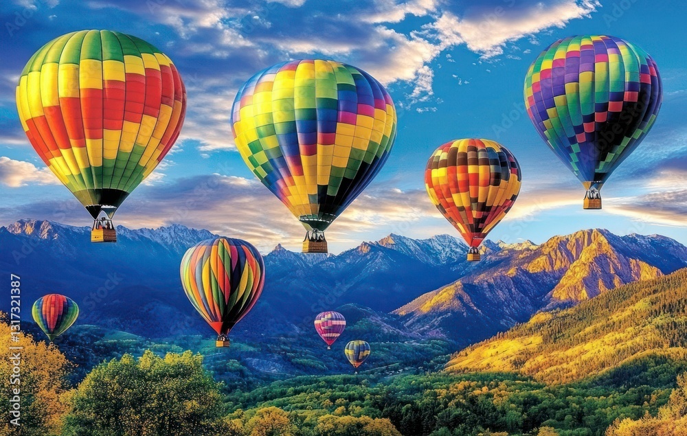 Fototapeta premium Colorful Hot Air Balloons Flying Over Mountain Landscape with Blue Sky