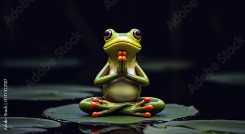 Frog doing yoga on a lily pad at a tranquil pond setting