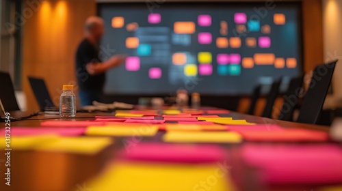 a modern meeting room with sticky notes and a person standing. The foreground shows a wooden table filled with colorful sticky notes