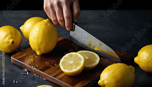 A close-up, high-angle shot of a cleaver slicing a bright yellow lemon