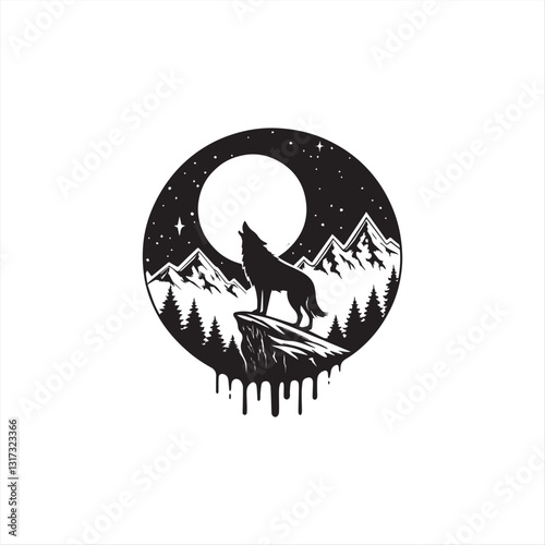 Monochrome Howling Wolf – Stylized Circular Nightscape Illustration