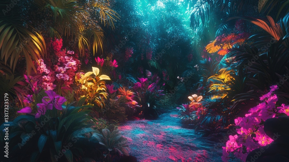 Fototapeta premium Surreal botanical wonderland with neon-infused tropical plants and vivid exotic flowers.