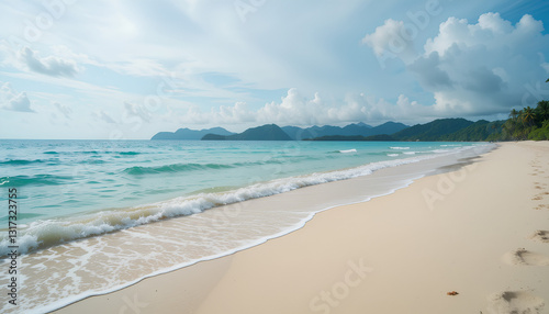 Tranquil tropical beach scene. Soft, pale beige sand gently curves along the turquoise and deep blue water. Ocean waves, with a delicate froth of white foam