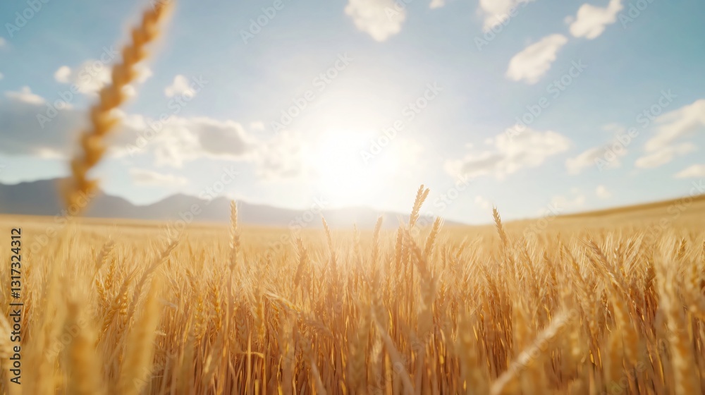 Fototapeta premium Golden wheat field at sunrise, warm sunlight glistening on ripe grains, ideal for agriculture themes and countryside beauty.