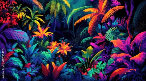 Surreal jungle aesthetic with vividly colored flowers and artistically detailed foliage.