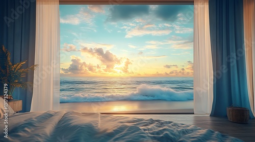 Open curtains framing a tranquil beach scene, waves crashing gently on the shore under a pastel dawn sky, a coastal-themed bedroom featuring soft blue tones, natural textures, and a peaceful ambiance,