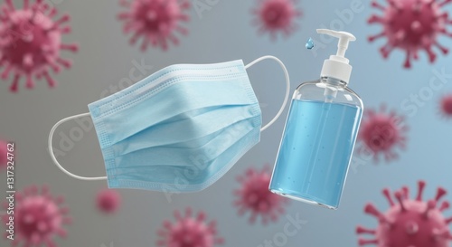 Medical surgical protective face mask with hand sanitizer dispenser, floating red virus particles. Disposable mask for mouth, nose, doctor, nurse, paramedic. Disease control, prevention, healthcare