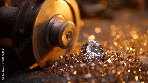 Close-up of a craftsman shaping a brilliant diamond on a spinning lapidary wheel, focusing on intricate details.
