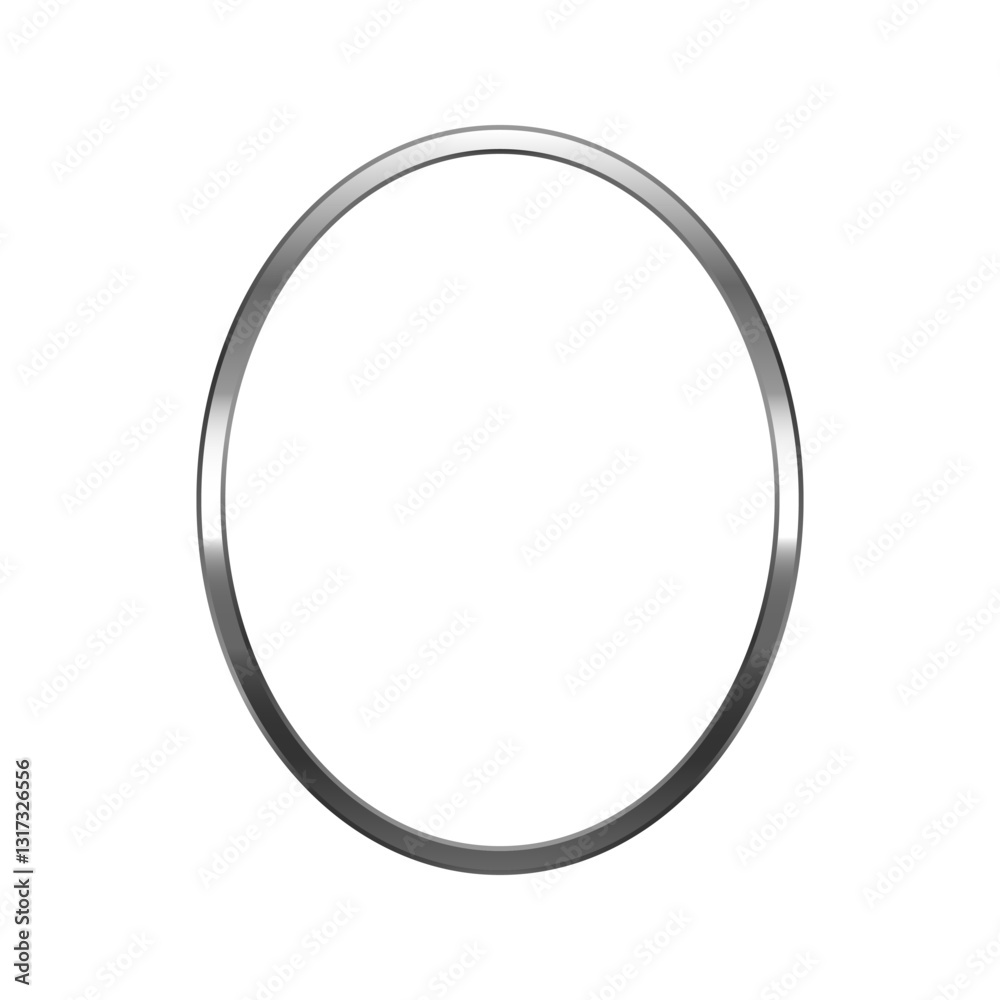 Oval silver frame. Isolated luxury oval glossy grey border. Shiny metal ellipse flat frame mockup design element. Vector illustration.