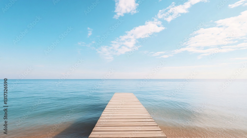 Fototapeta premium Serene wooden dock leading into calm lake, tranquil waters reflecting clear blue sky, ideal for relaxation and meditation.