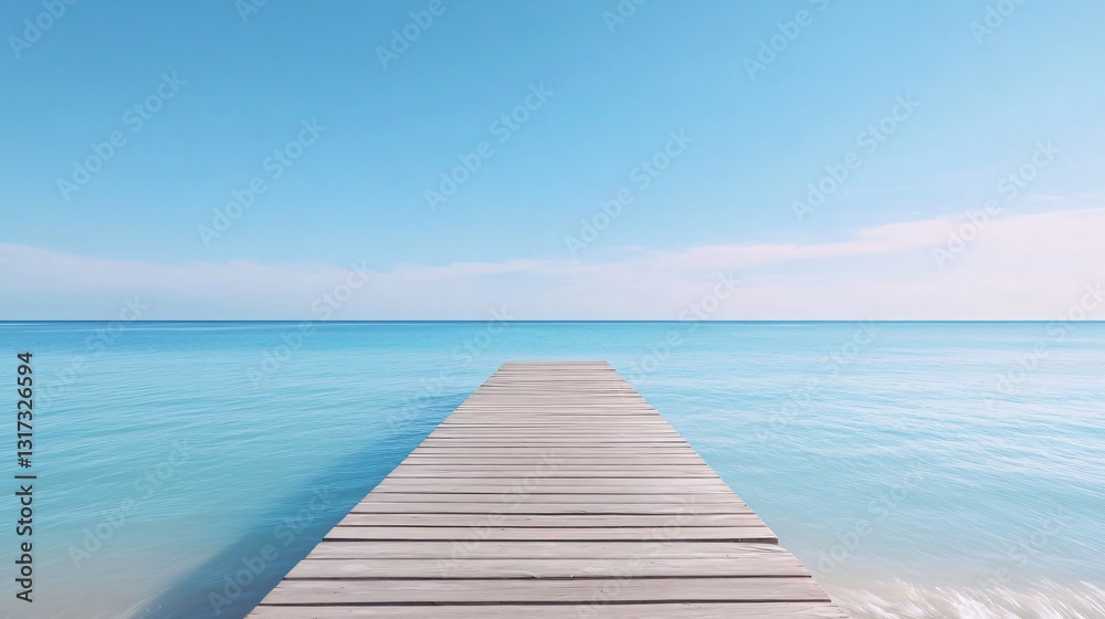 Fototapeta premium Peaceful dock extending over tranquil blue waters, serene coastal atmosphere, perfect for relaxation and meditation.