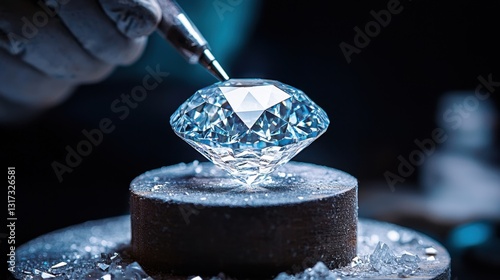 Close-up of a craftsman shaping a brilliant diamond on a spinning lapidary wheel, focusing on intricate details. photo